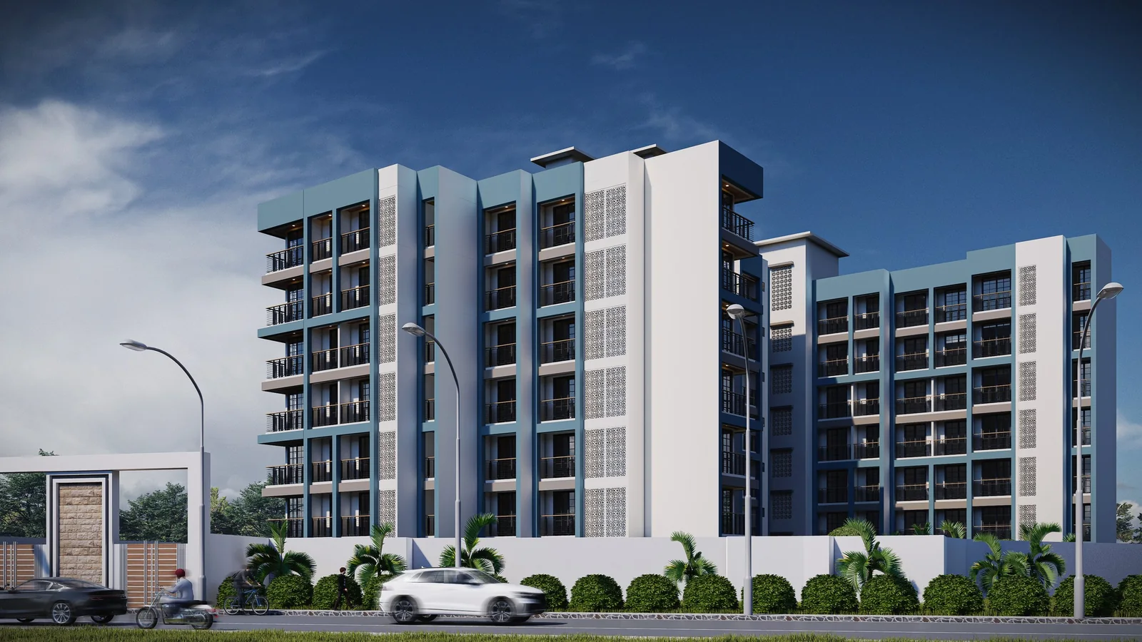 KAL 4 residential visualization showing blue-and-white façades, balconies and a landscaped street edge
