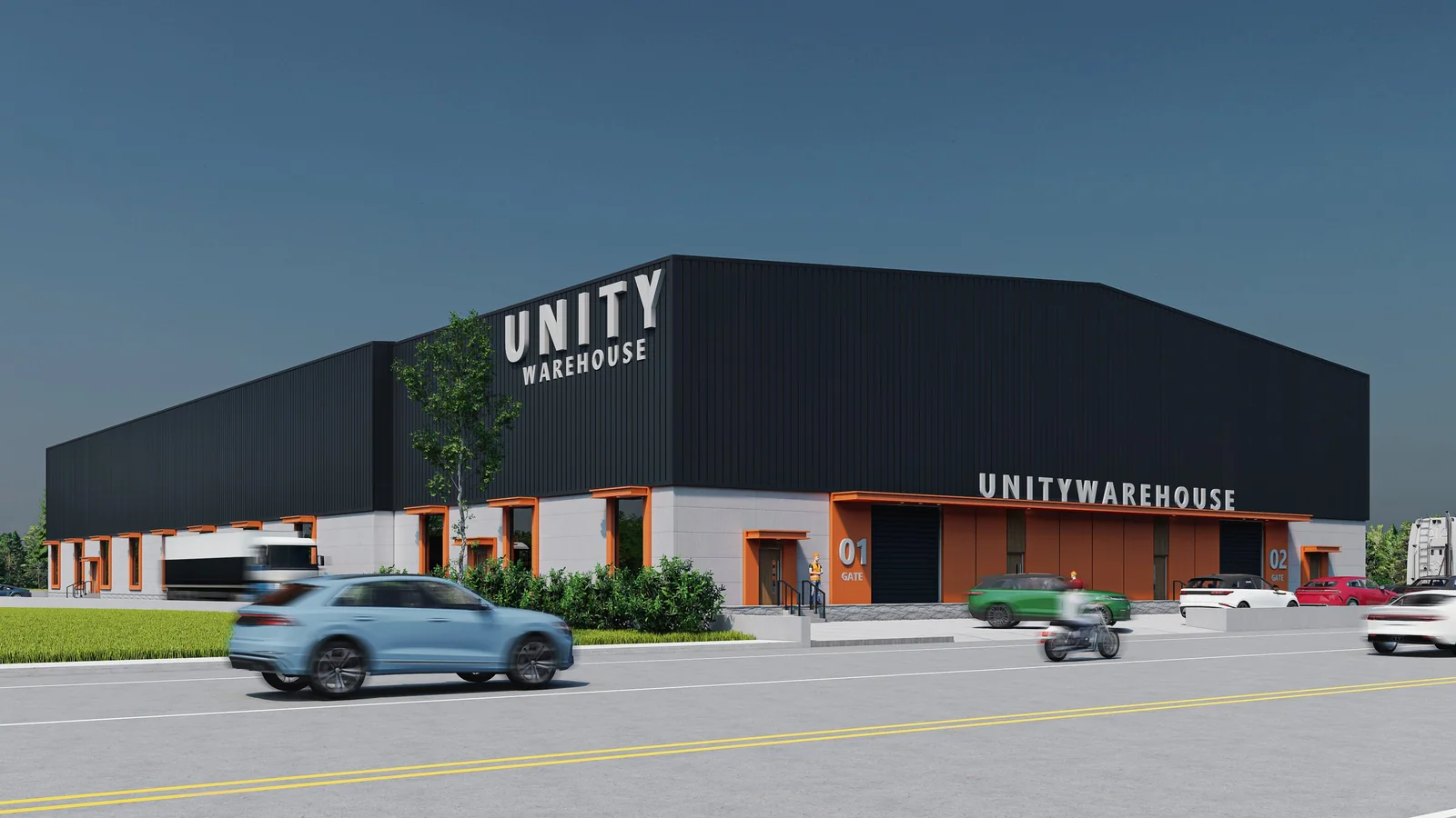Lonad Warehouse visualization showing dark industrial cladding and the building’s entrance frontage