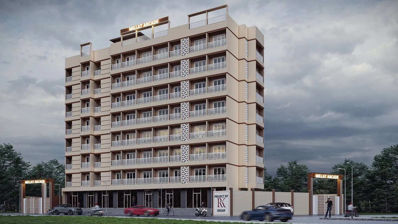 Millat Arcade visualization showing multiple floors, balconies and ground-level street access